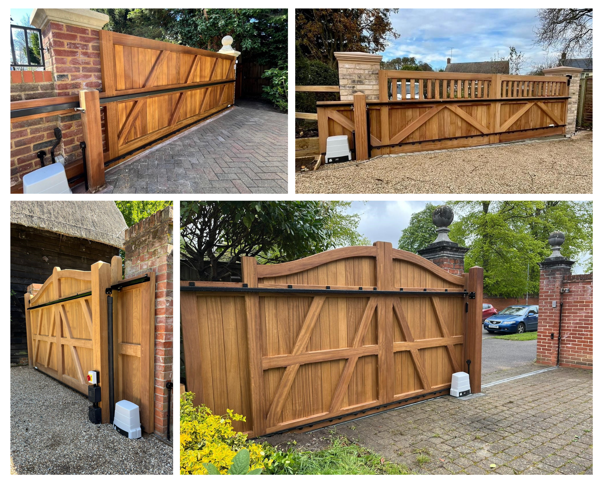 Collage of wooden driveway electric gates and fences in a gravel driveway, showing varied rustic designs.