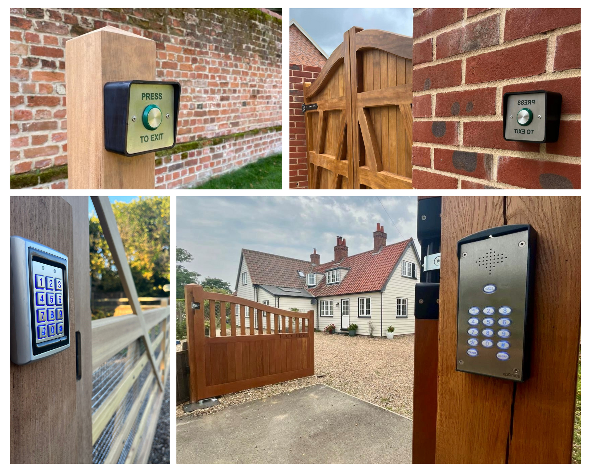 Collage of secure gates and entry systems: keypad, intercom, and door access devices on brick and wood fences