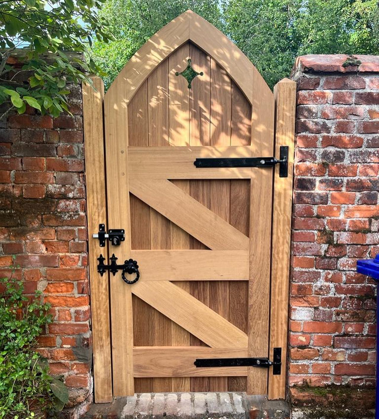 close up of point finished timber back gate 