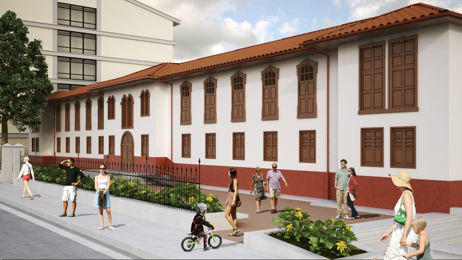 Una impresión artística de un edificio con techo de tejas rojas