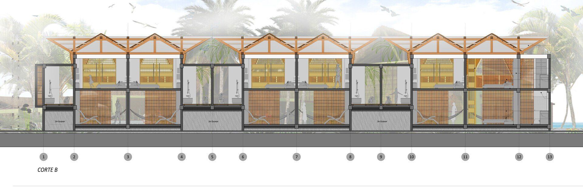Un dibujo de un edificio con muchas ventanas
