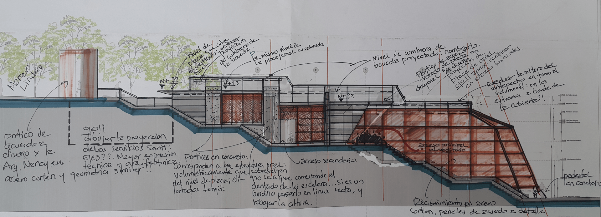 Un dibujo de una casa en una colina con árboles al fondo