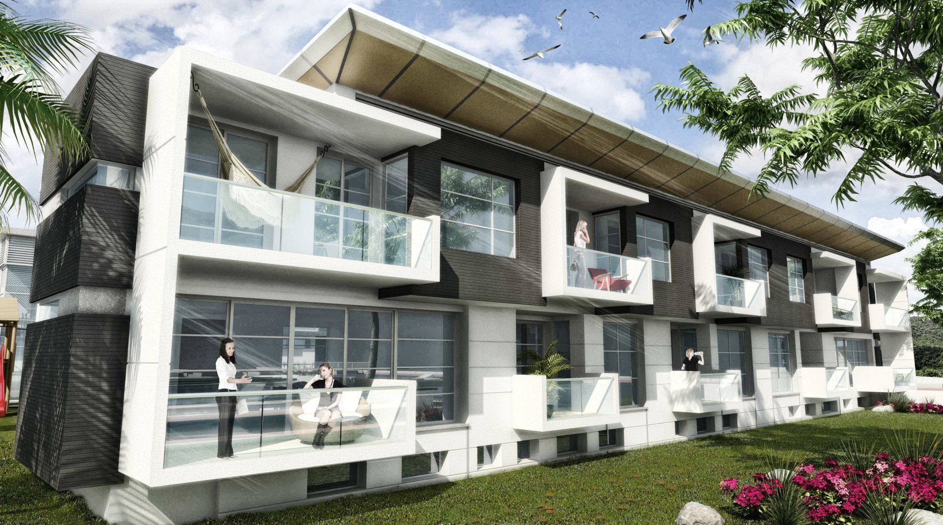 Una impresión artística de un moderno edificio de apartamentos con balcones.