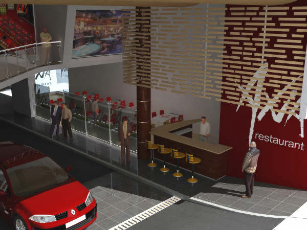 Un coche rojo está aparcado frente a un restaurante.