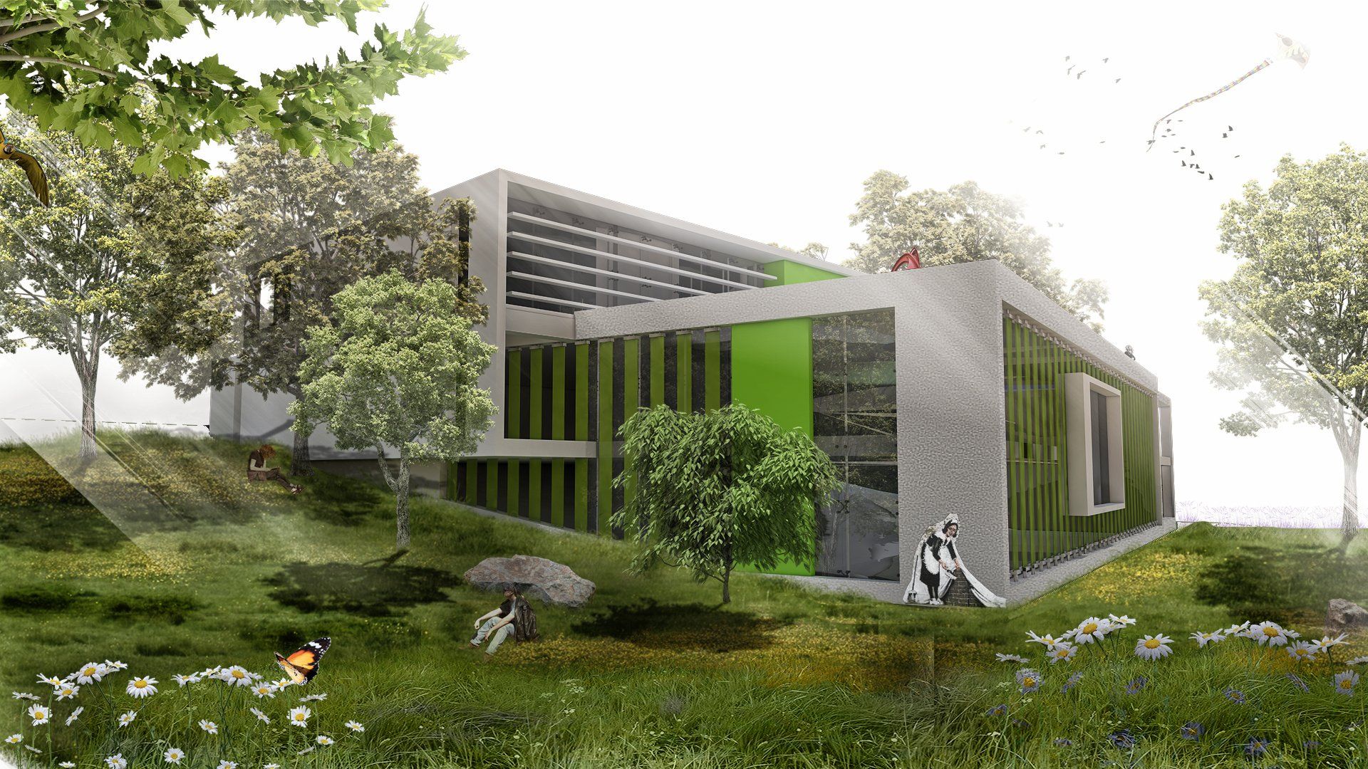 Un edificio con un muro verde está rodeado de árboles y césped.