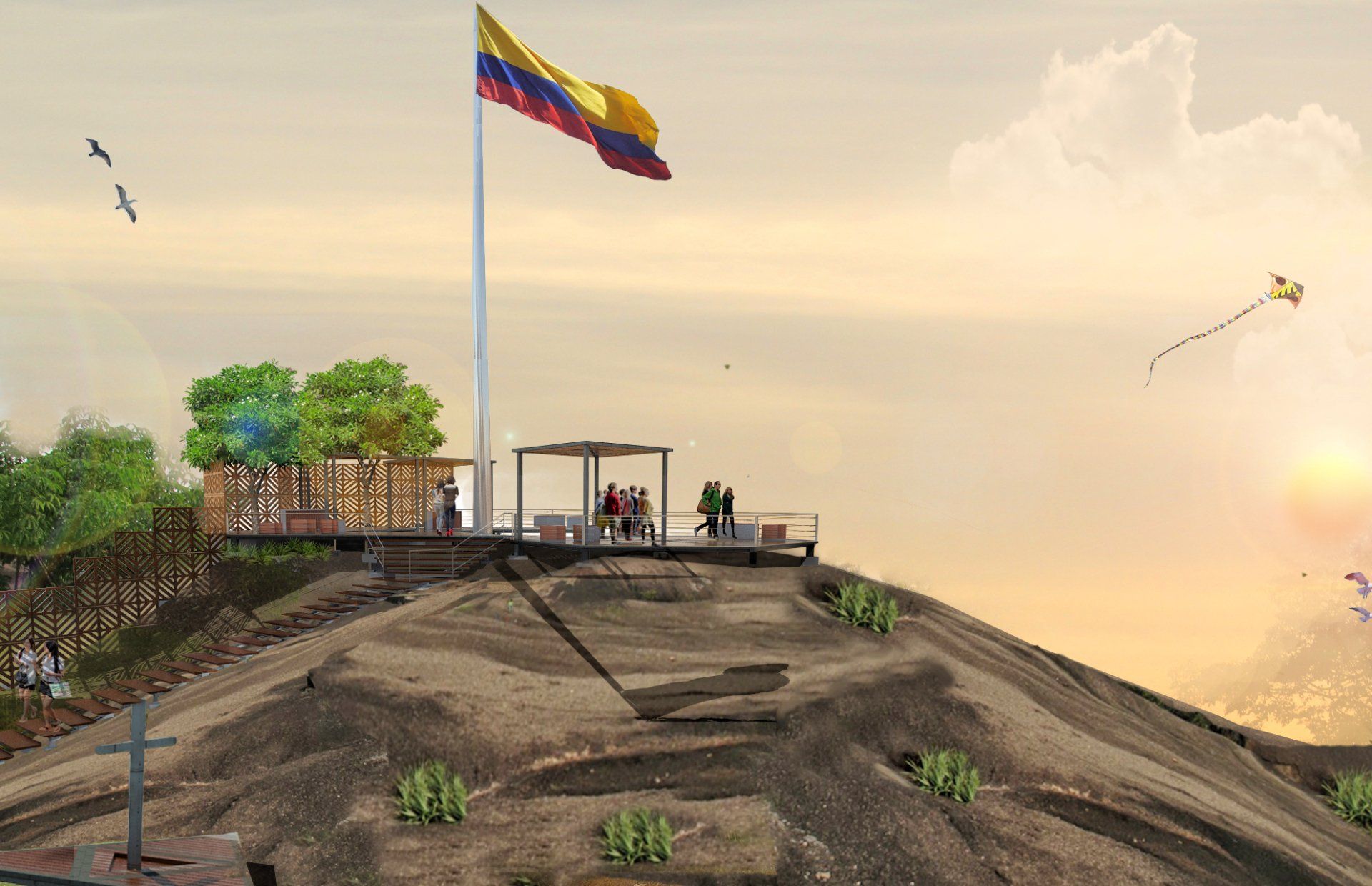 Una bandera ondea al viento en la cima de una colina.