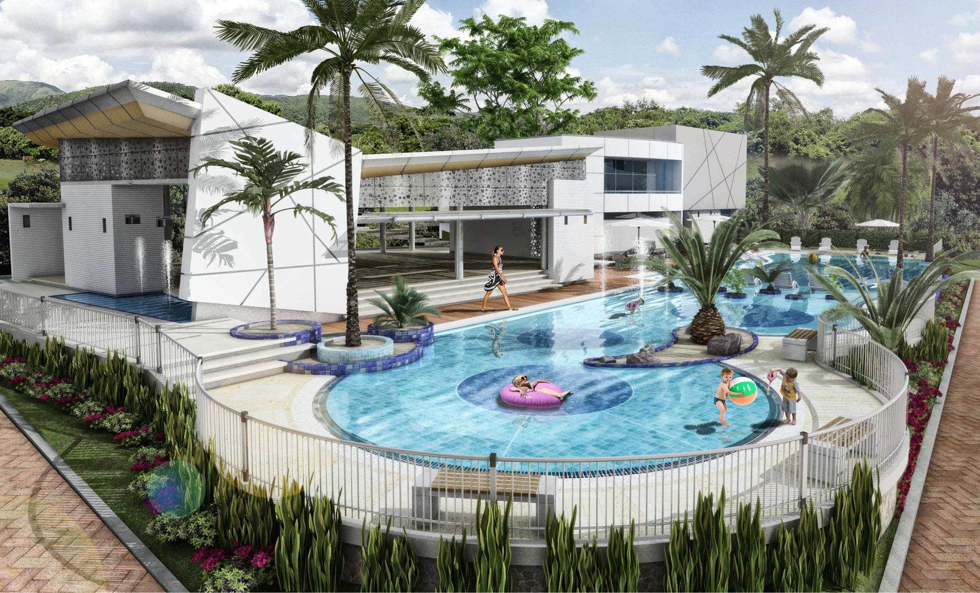 Una impresión artística de una gran piscina rodeada de palmeras.