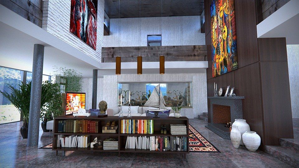 Una sala de estar con estantería y chimenea