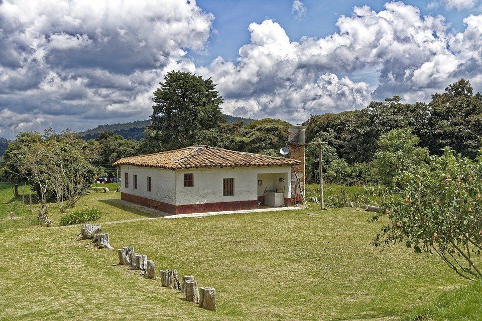 Una pequeña casa en medio de un campo de hierba
