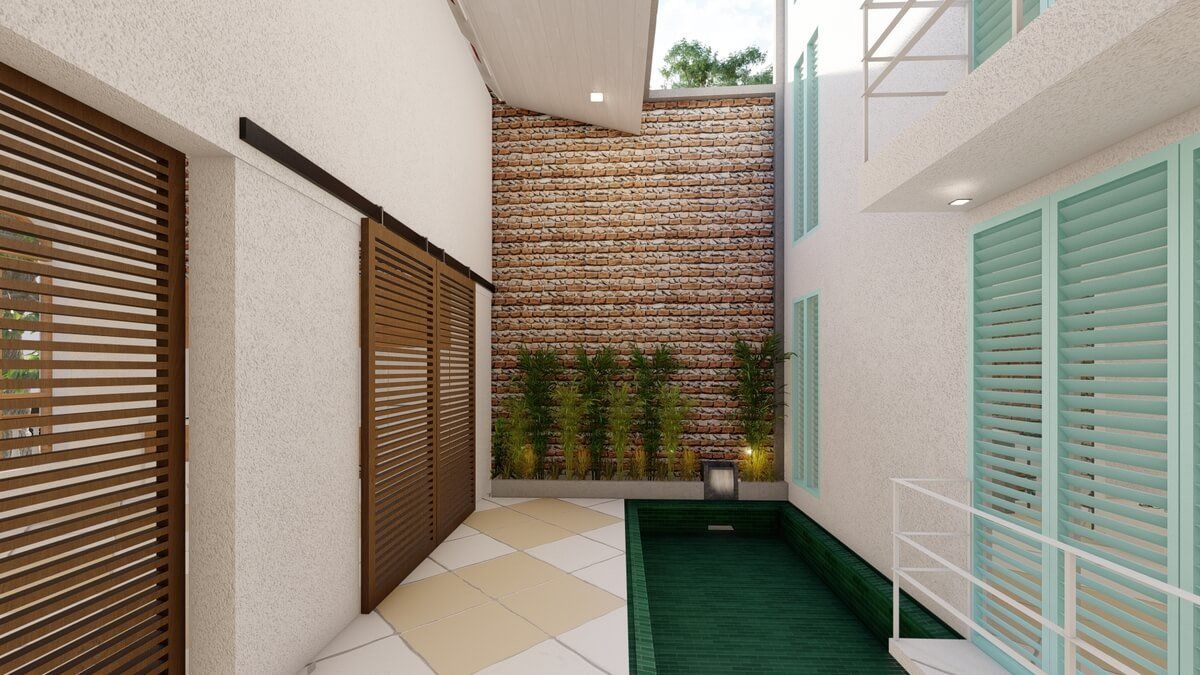 Una impresión artística de una casa con piscina