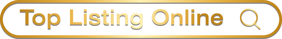 Top Listing Online logo being text and a search magnifying glass inside a search box, all in shining gold