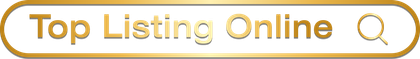 Logo for Top Listing Online being name in text and a search magnifying glass inside a search box, all in shining gold