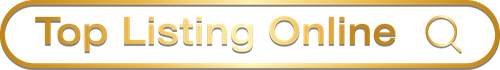 Top Listing Online logo being text and a search magnifying glass inside a search box, all in shining gold