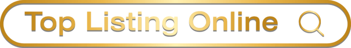 Logo for Top Listing Online featuring text and a search magnifying glass inside a search box, all in a shining gold color
