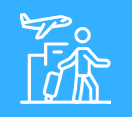 Clipart style image of person wheeling luggage with building in the background and plane flying overhead