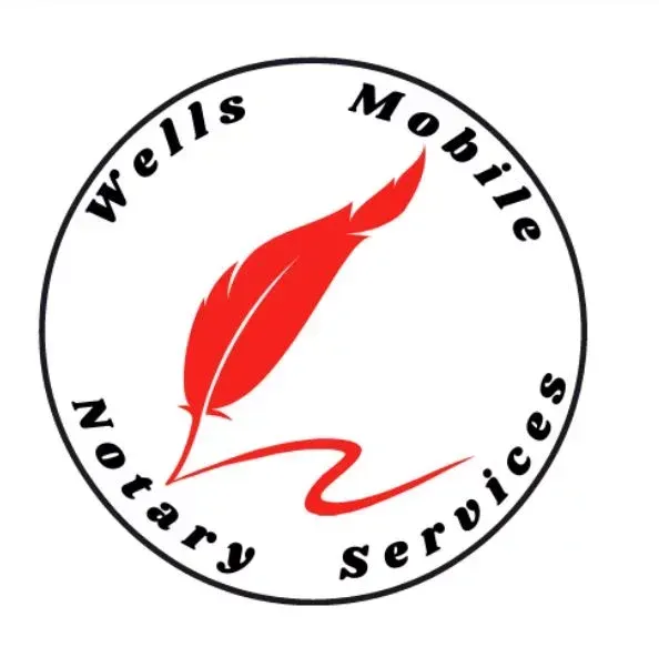 Wells Mobile Notary Services logo with text inside a black circle and red feather creating a flourish in the center