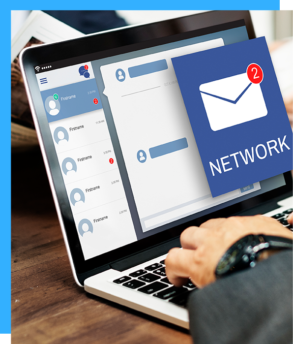 Laptop with screen displaying contact icons & large blue popout rectangle with a white envelope above the word 'network'