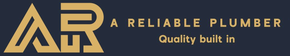 Logo for "A Reliable Plumber," with gold letters on a navy blue background. Features intertwined "AR" with text "Quality built in."