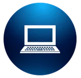 Persona que controla la frecuencia cardíaca en una pantalla de computadora dentro de un círculo azul.