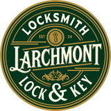 Green and gold circular logo for Larchmont Locksmith & Lock & Key with a keyhole emblem