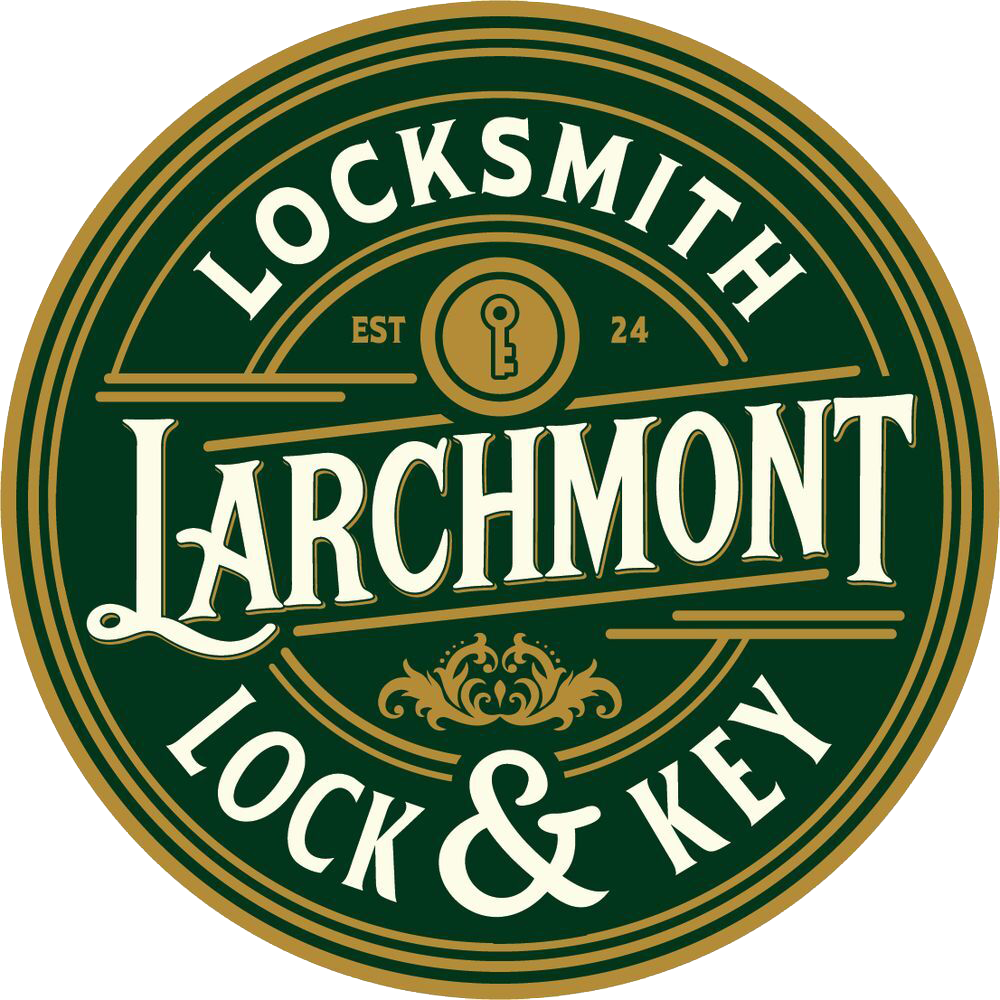 Green and gold circular logo for Larchmont Locksmith & Lock & Key with a keyhole emblem