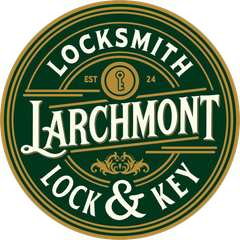 Green and gold circular logo for Larchmont Locksmith & Lock & Key with a keyhole emblem