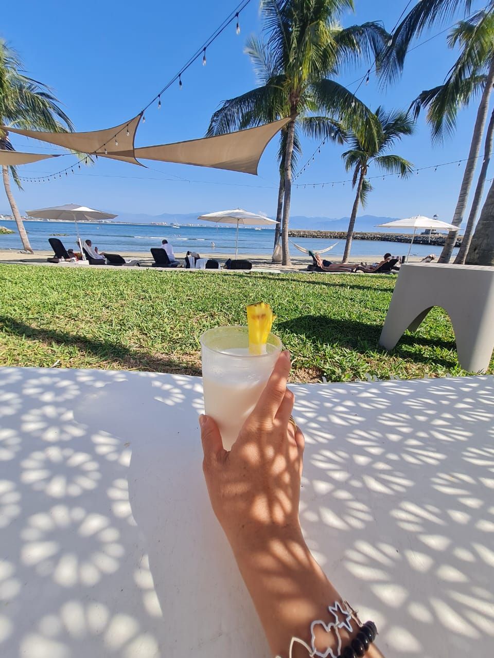a person is holding a drink in front of a beach .