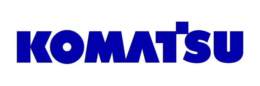 The komatsu logo is blue and white on a white background.