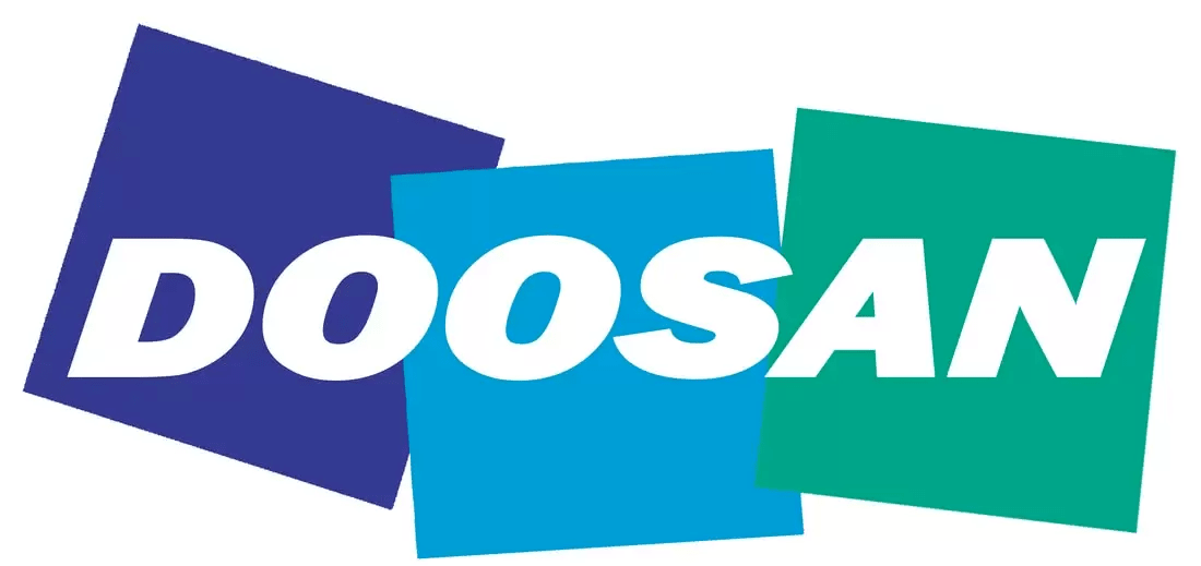 The doosan logo is blue and green and has three squares in it.