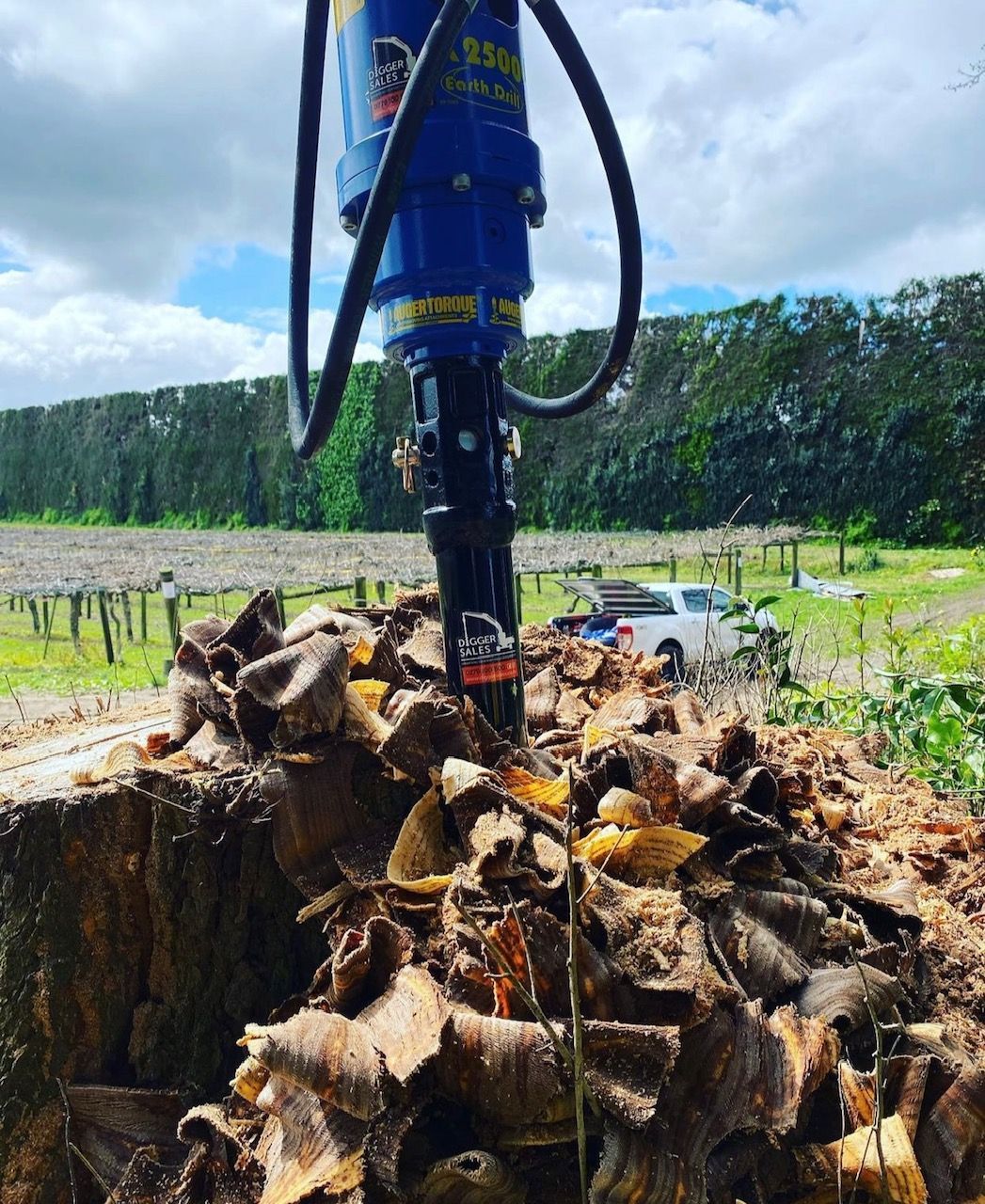 A machine is cutting a tree stump in a field.