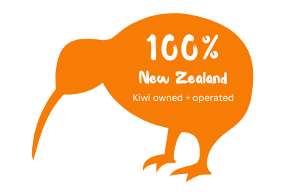 An orange kiwi with the words 100 % new zealand kiwi owned operated