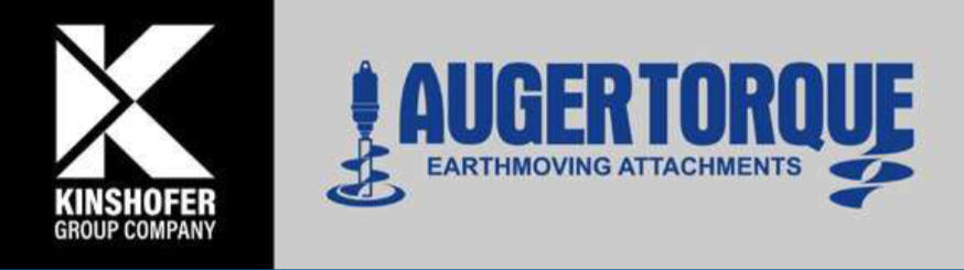 A logo for kinshofer group company and auger torque earthmoving attachments