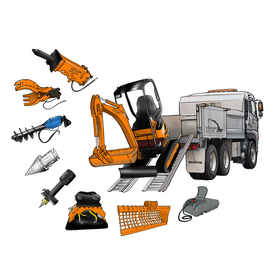 A toy excavator is sitting on top of a truck surrounded by tools.