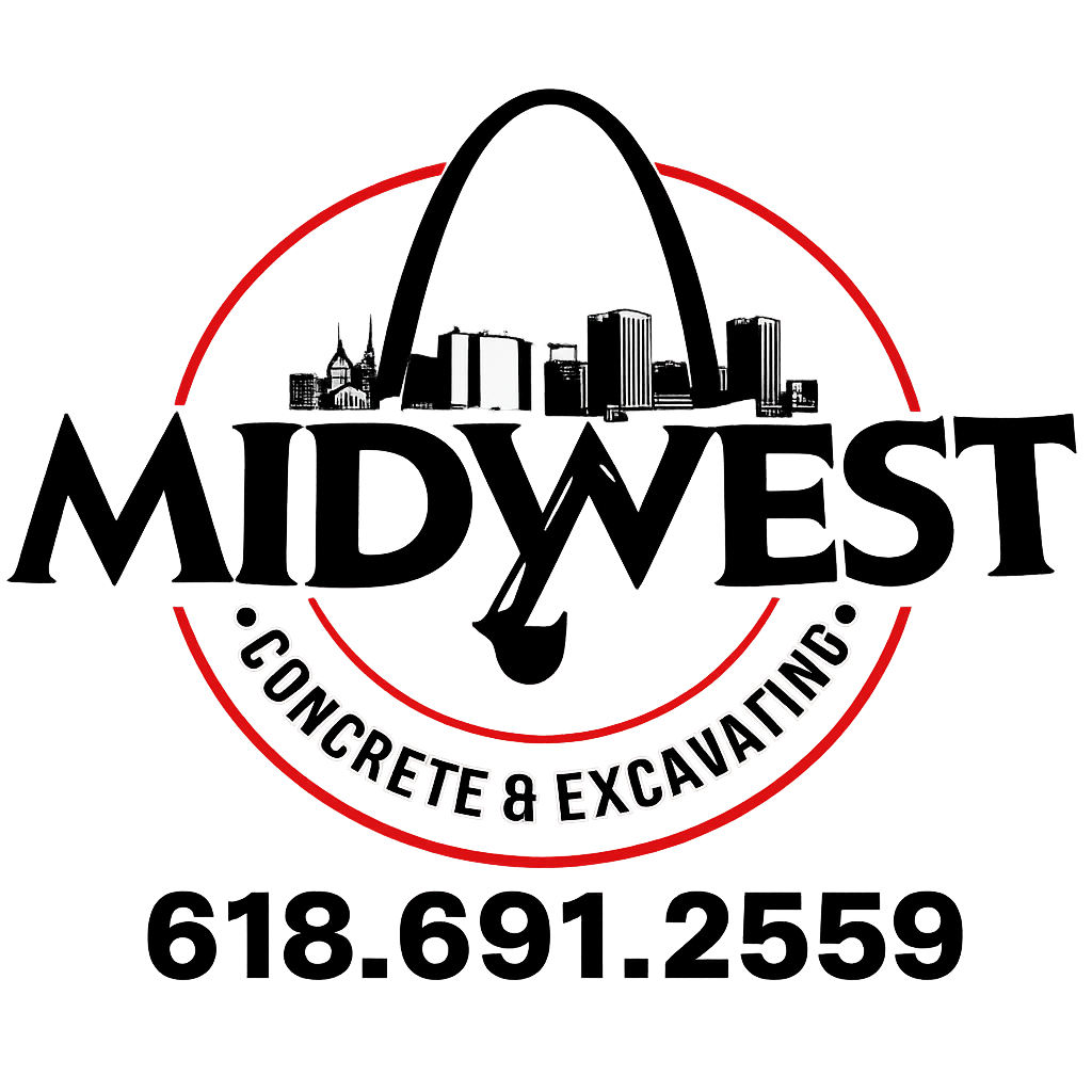 Midwest Concrete & Excavating LLC logo in black text with a red line and gray background