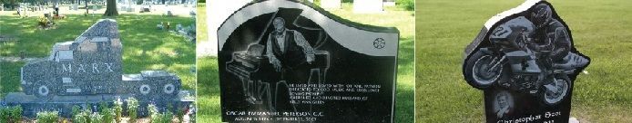 Three unique, black headstones in a green grassy cemetery. Each has a carved design: a truck, a landscape, and a motorcycle.