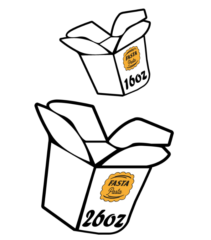 Two illustrated takeout boxes, one small 16 oz and one large 26 oz, both labeled “Pasta.”