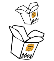 Two illustrated takeout boxes, one small 16 oz and one large 26 oz, both labeled “Pasta.”