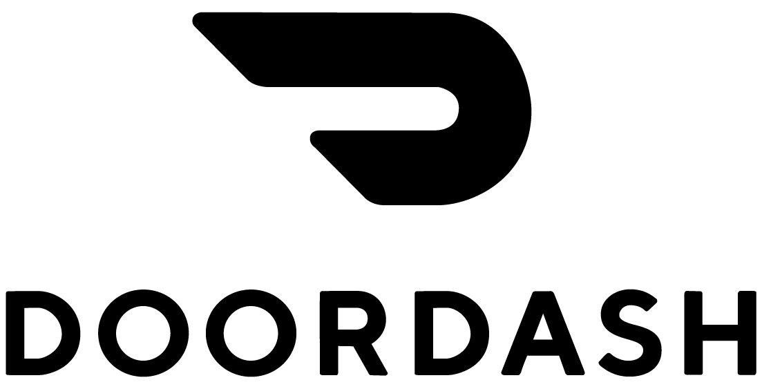 DoorDash logo with black wordmark and stylized black icon above it on a white background