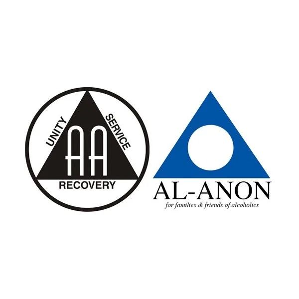 Alcoholics Anonymous and Al-Anon logos side by side, black and blue on white.