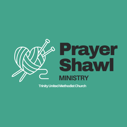 Teal poster with yarn skein illustration and text: “Prayer Shawl Ministry” and “Trinity United Methodist Church”