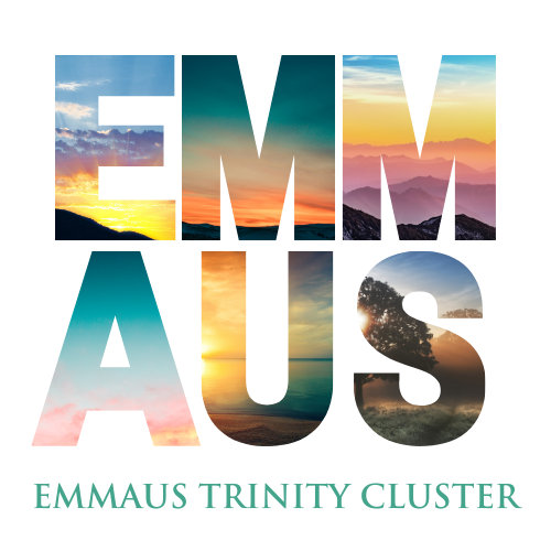 Colorful “EMMAUS” logo with sunset sky fill and “Emmaus Trinity Cluster” text below