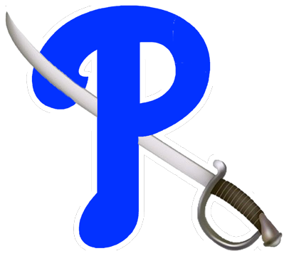 Blue letter P over a crossed sword icon on a white background
