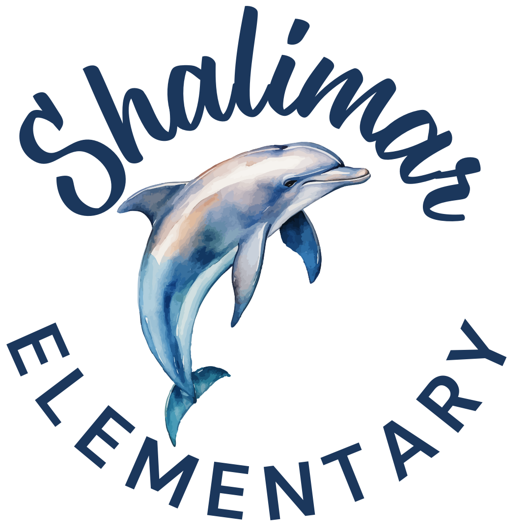 Shalimar Elementary logo with a blue dolphin leaping over curved navy text