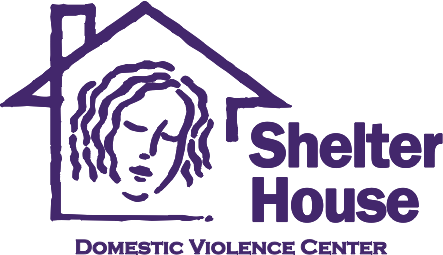 Purple Shelter House Domestic Violence Center logo with house outline and face illustration