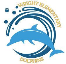 Wright Elementary Dolphins logo with a blue dolphin and curved wave lines