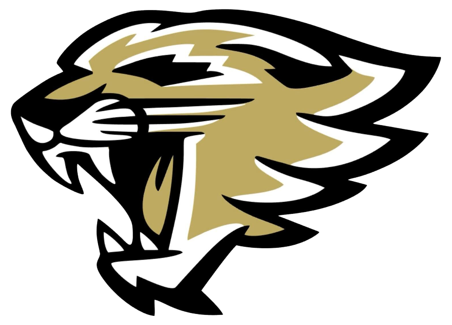 Stylized gold, black, and white roaring big cat head logo on a white background