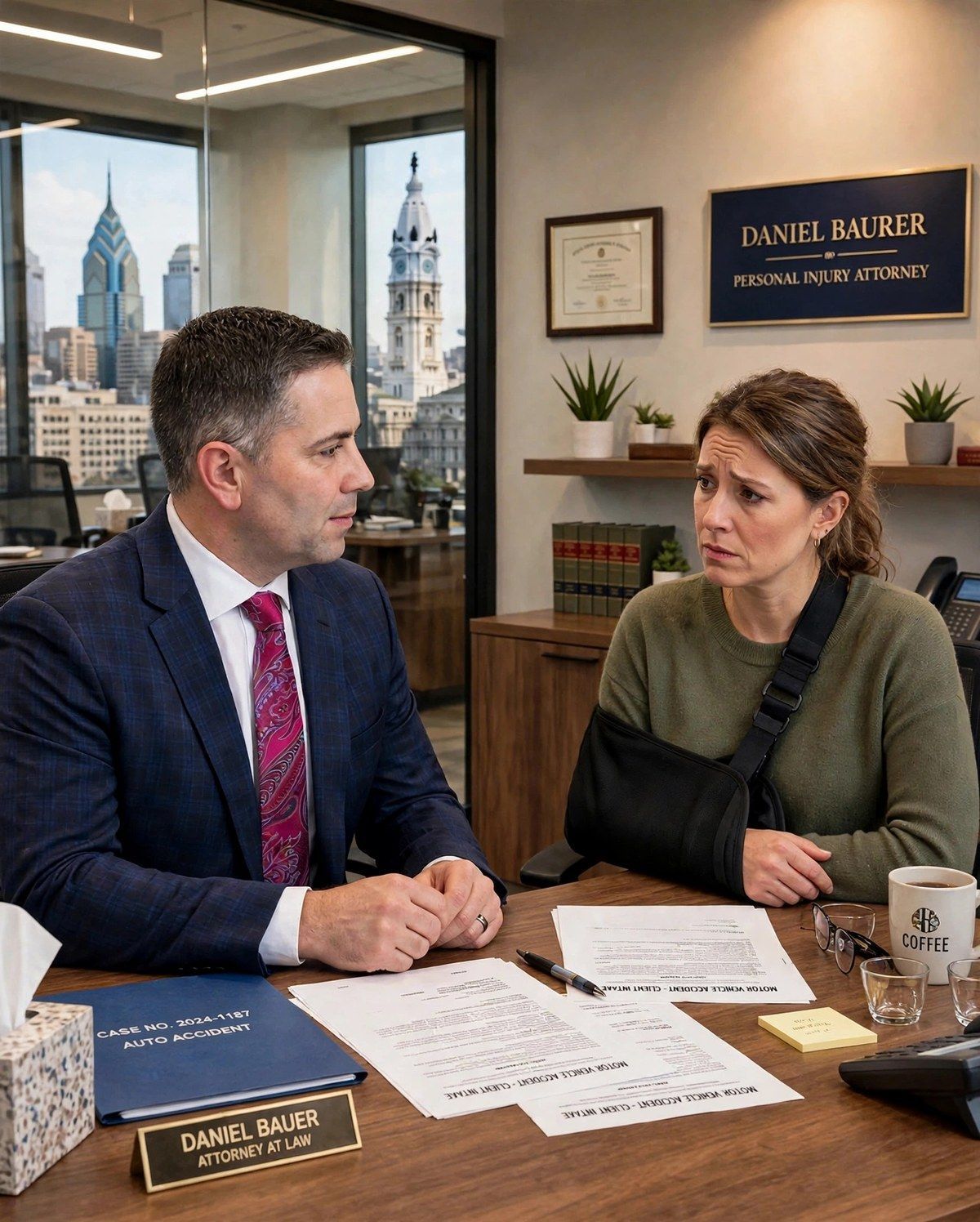 Daniel Baurer talking to a car accident victim in Philadelphia office