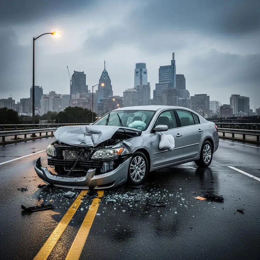 Damaged silver sedan blocking a wet city street after a crash, with debris and skyline in the background