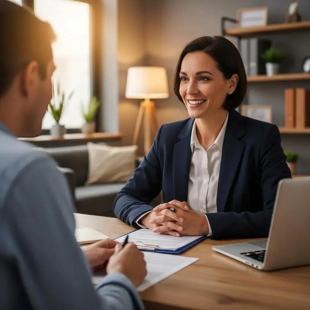 Two people in a warm office meeting, smiling across a desk with a laptop and papers.