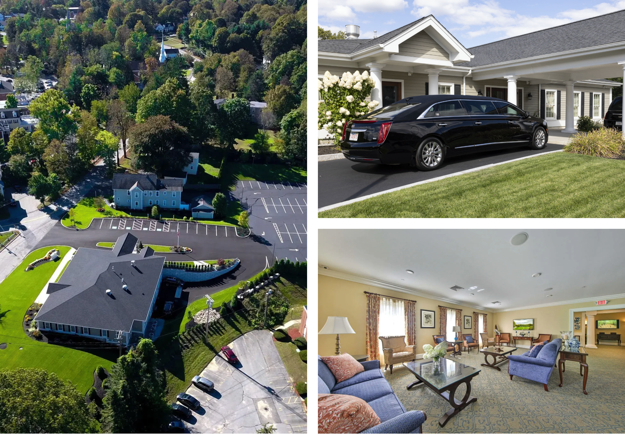 Aerial view of a house, plus black sedan in driveway and cozy living room interior.